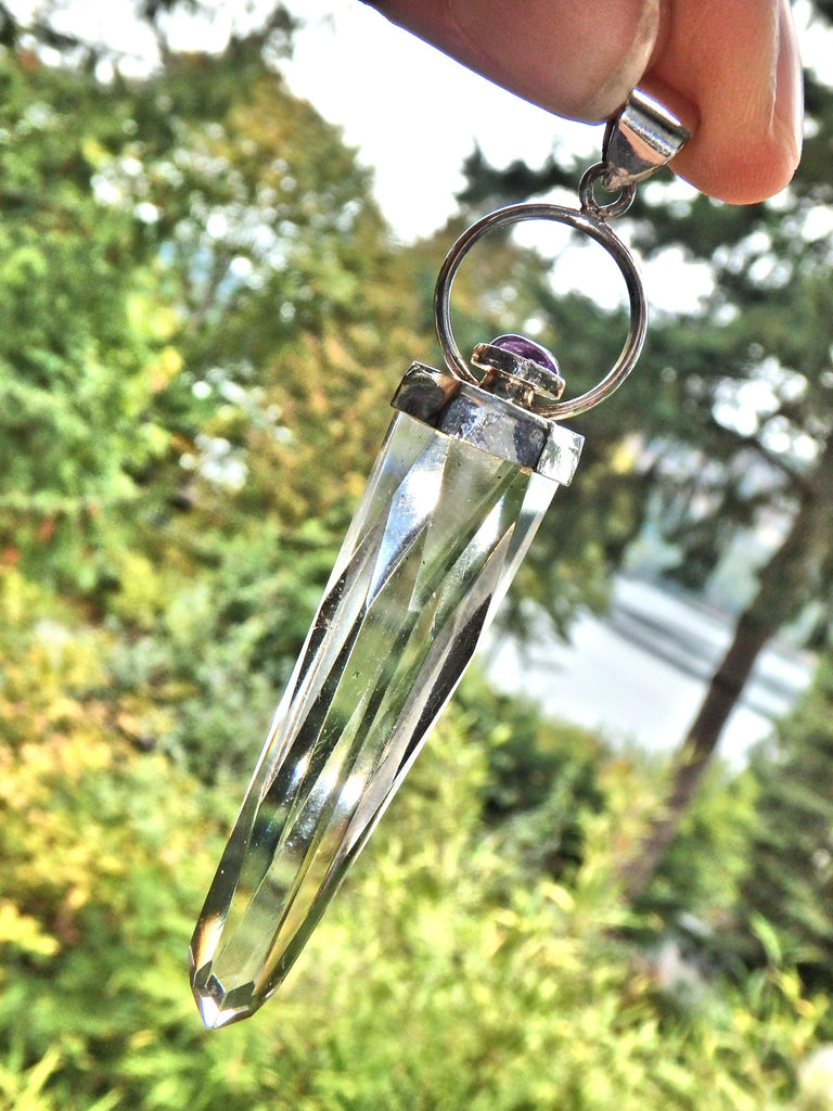 Long Optical Clear Quartz Point Pendant With Jelly Purple Amethyst Accent Stone (Includes Silver Chain)REDUCED - Earth Family Crystals