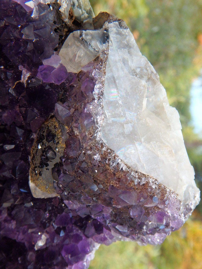 AA Grade Deep Purple Uruguay Amethyst Standing Display Specimen With White Calcite Point with Black Amethyst Dusting - Earth Family Crystals