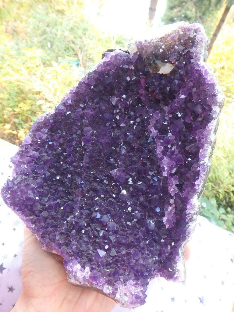 AA Grade Deep Purple Uruguay Amethyst Standing Display Specimen With White Calcite Point with Black Amethyst Dusting - Earth Family Crystals