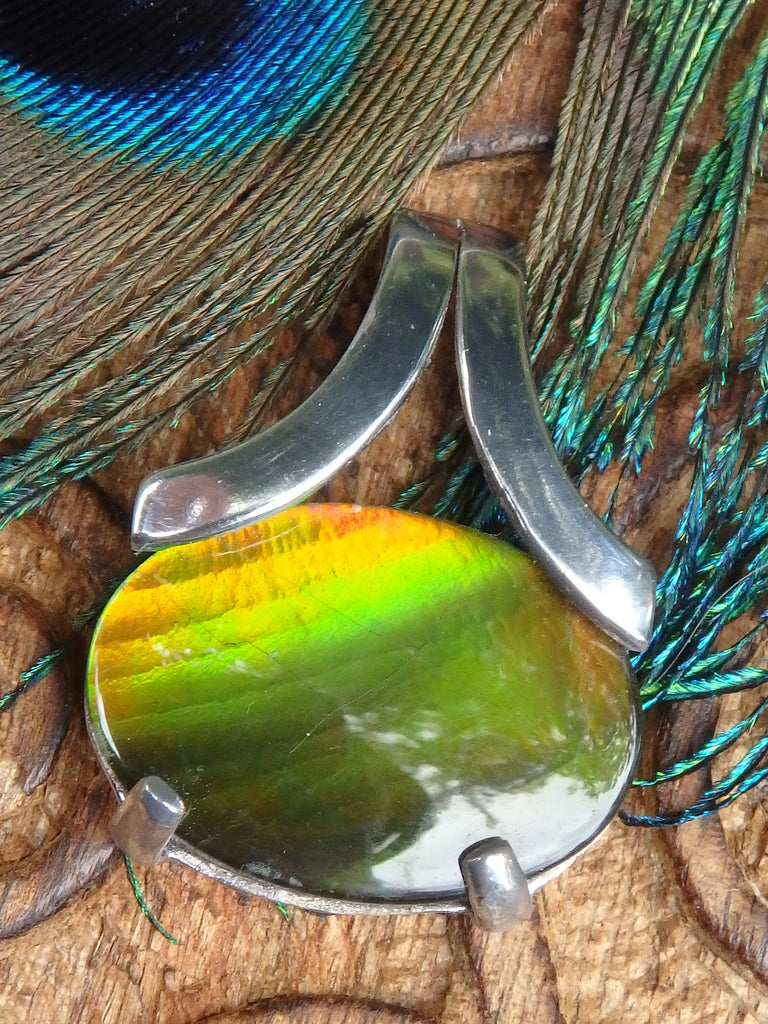 Beautiful Green & Golden Flash Quartz Capped Alberta Ammolite Pendant In Sterling Silver (Includes Silver Chain) - Earth Family Crystals