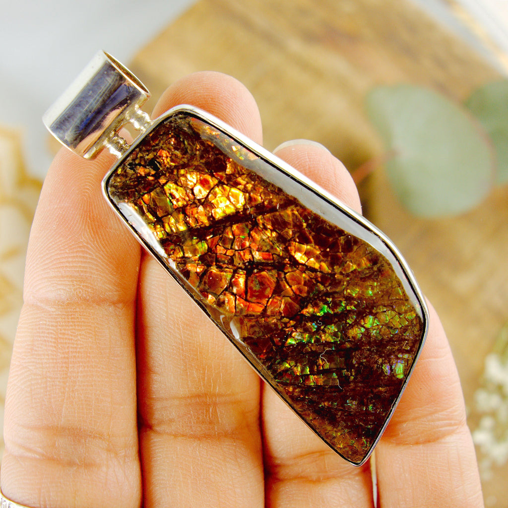 Chunky Shimmering Alberta Ammolite Pendant in Sterling Silver (Includes Silver Chain) - Earth Family Crystals