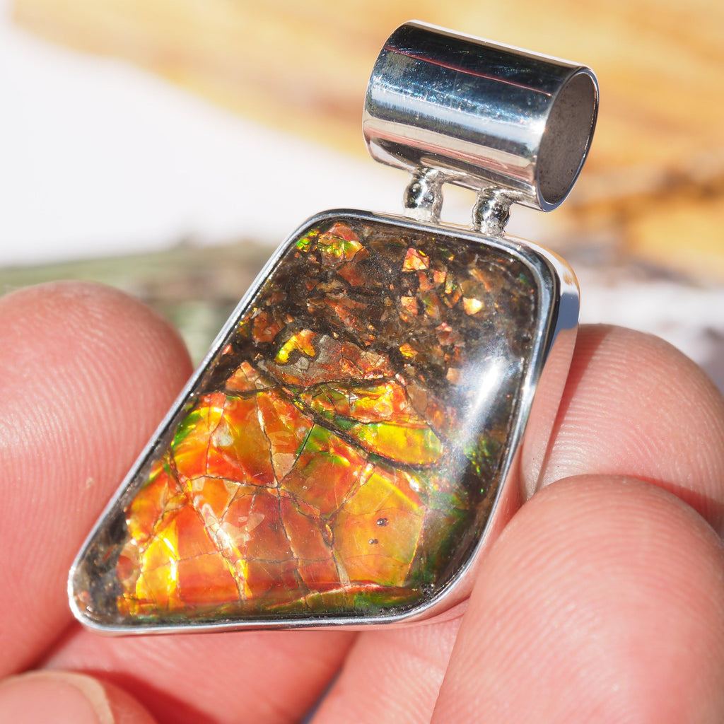 Fiery Red & Green Ammolite Pendant in Sterling Silver (Includes Silver Chain) #3 - Earth Family Crystals