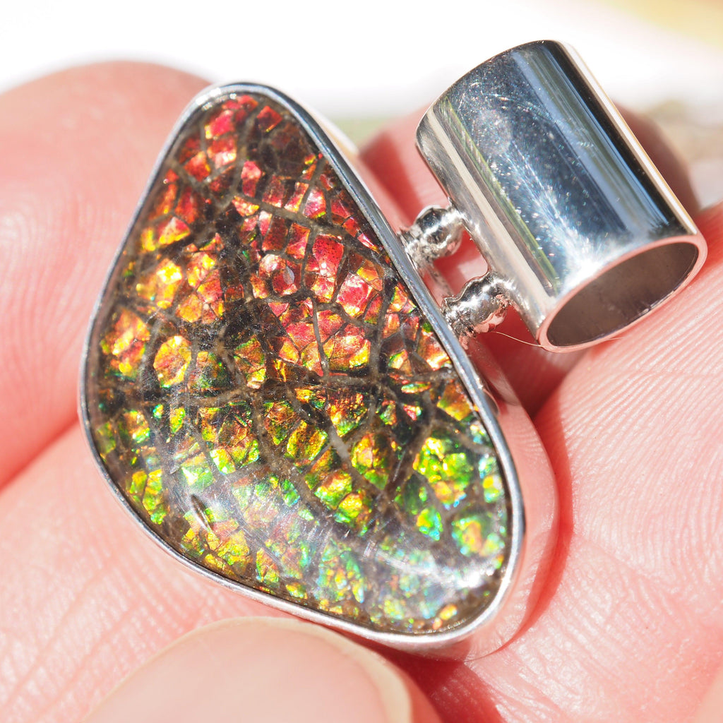 Beautiful Green & Red Alberta Ammolite Pendant in Sterling Silver (Includes Silver Chain) #1 - Earth Family Crystals