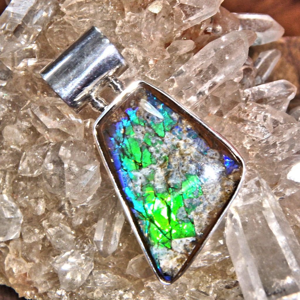 Rare Purple Green & White Clouds Ammolite  Pendant in Sterling Silver (Includes Silver Chain) - Earth Family Crystals