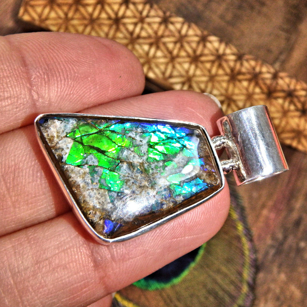Rare Purple Green & White Clouds Ammolite  Pendant in Sterling Silver (Includes Silver Chain) - Earth Family Crystals