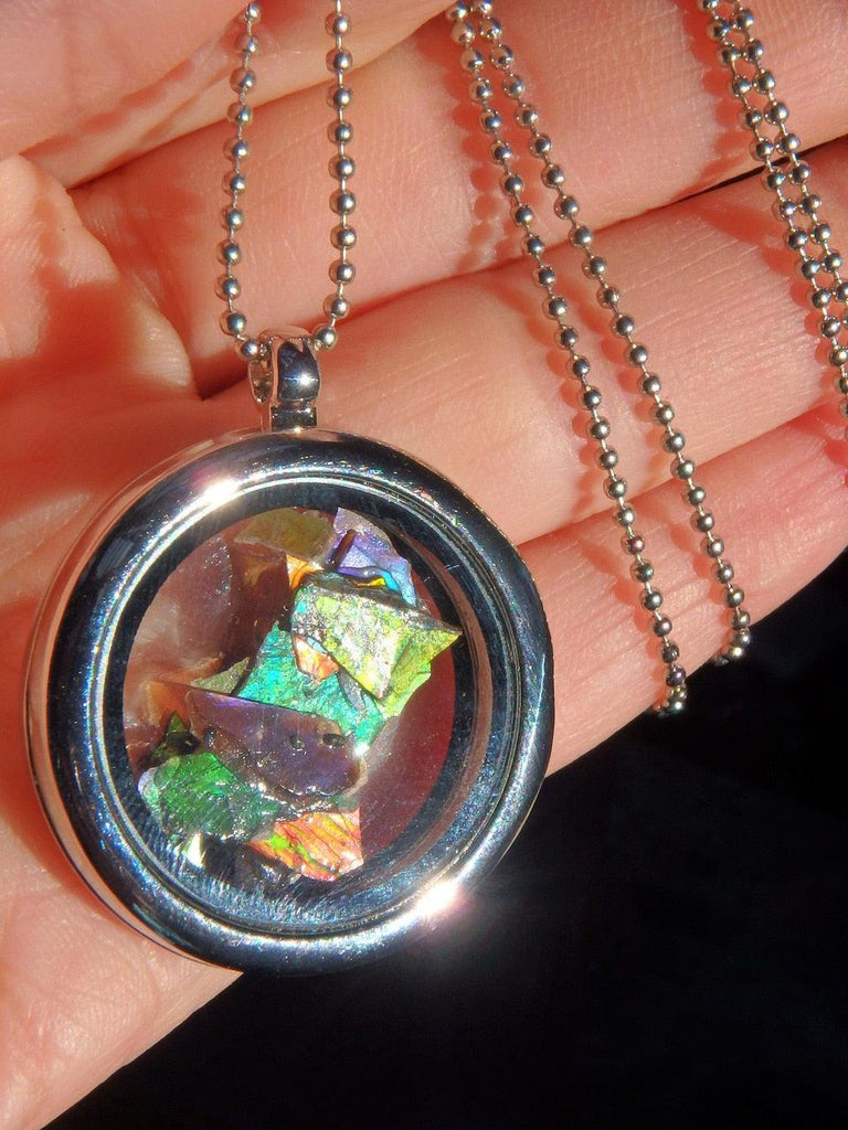 Multi Color Ammolite Free form Floating Pieces in Locket Style Pendant on  26 inch Ball Chain - Earth Family Crystals