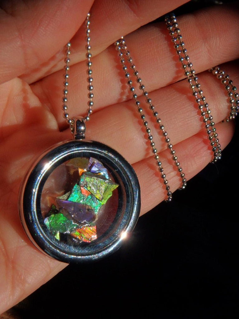 Multi Color Ammolite Free form Floating Pieces in Locket Style Pendant on  26 inch Ball Chain - Earth Family Crystals