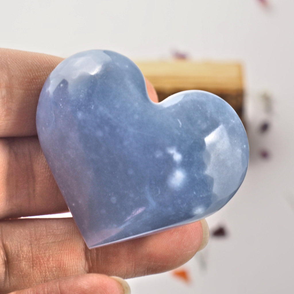 Cute Creamy Blue Handheld Angelite Heart From Peru - Earth Family Crystals