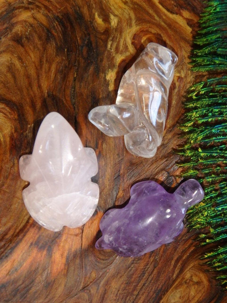 Set of Animals~ Amethyst Turtle, Clear Quartz Owl, Rose Quartz Frog Mini Set - Earth Family Crystals