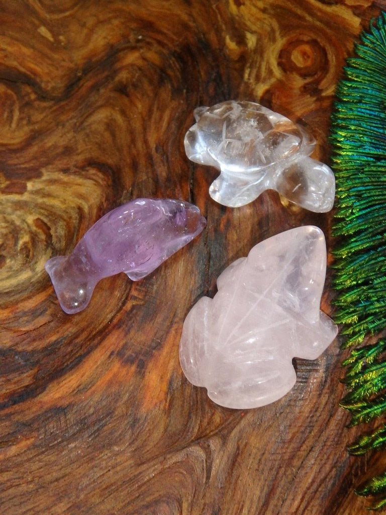 Set of Animals~ Amethyst Dolphin, Clear Quartz Turtle, Rose Quartz Frog Mini Animals - Earth Family Crystals