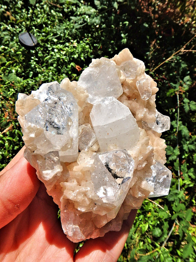Large Chunky Clear Apophyllite Points Nestled in Peachy Pink stilbite Point Matrix - Earth Family Crystals