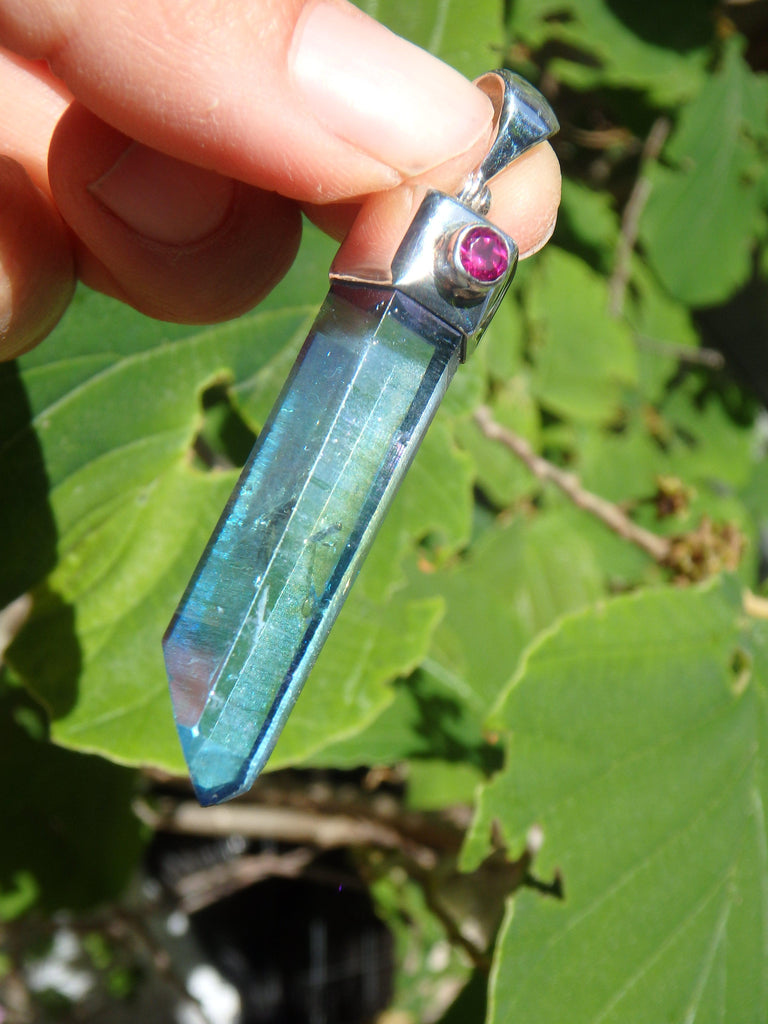 Brilliant Blue Aqua Aura Quartz Point & Faceted Pink Tourmaline Pendant in Sterling Silver (Includes Silver Chain) - Earth Family Crystals