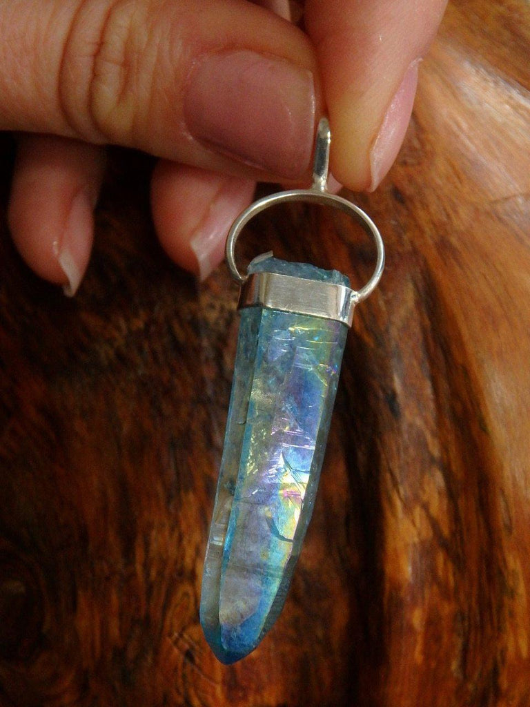 Dancing Rainbows! Lush Blue Aqua Aura Quartz Point Pendant In Sterling Silver (Includes Silver Chain) - Earth Family Crystals
