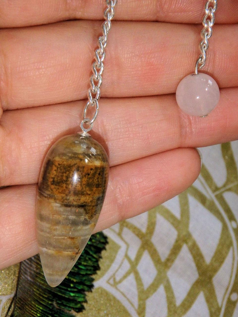 Gorgeous Patterns Aquatine Calcite Pendulum With Rose Quartz Bail - Earth Family Crystals