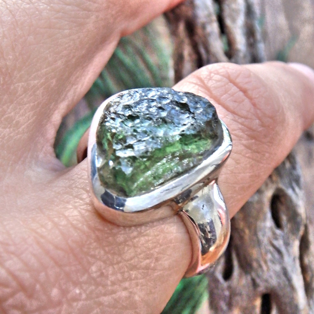 Chunky Genuine Green Moldavite Ring in Sterling Silver ( Size 10) - Earth Family Crystals