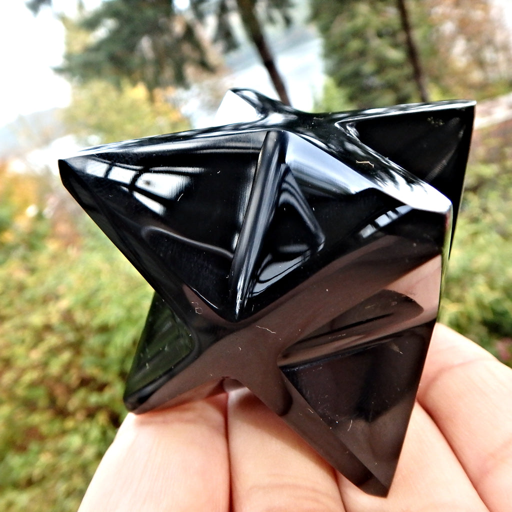 Sacred Geometry Merkaba Black Obsidian Carving Specimen - Earth Family Crystals
