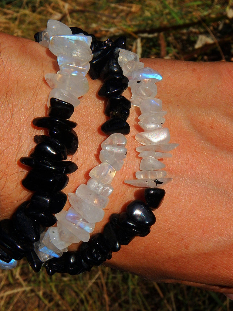 Gorgeous Flash Rainbow Moonstone & Black Tourmaline Bracelet on Stretchy Elastic (1) - Earth Family Crystals