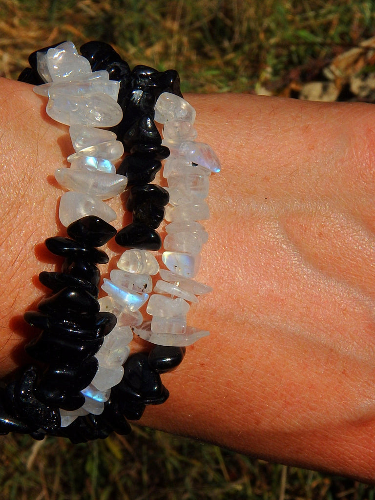 Gorgeous Flash Rainbow Moonstone & Black Tourmaline Bracelet on Stretchy Elastic (1) - Earth Family Crystals