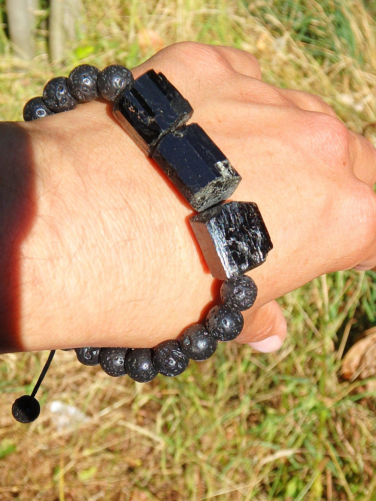 Chunky Black Tourmaline & Lava Stone Adjustable Cord Bracelet - Earth Family Crystals