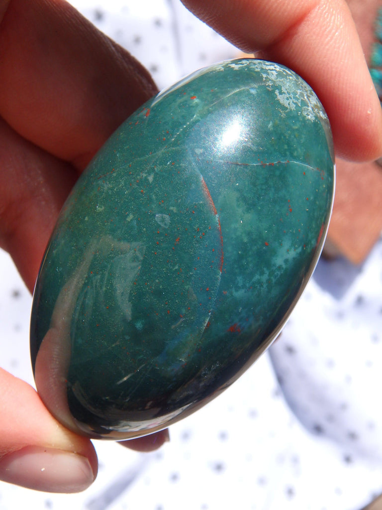 Shiny Deep Green & Red Speckled Bloodstone Egg Carving 2 - Earth Family Crystals