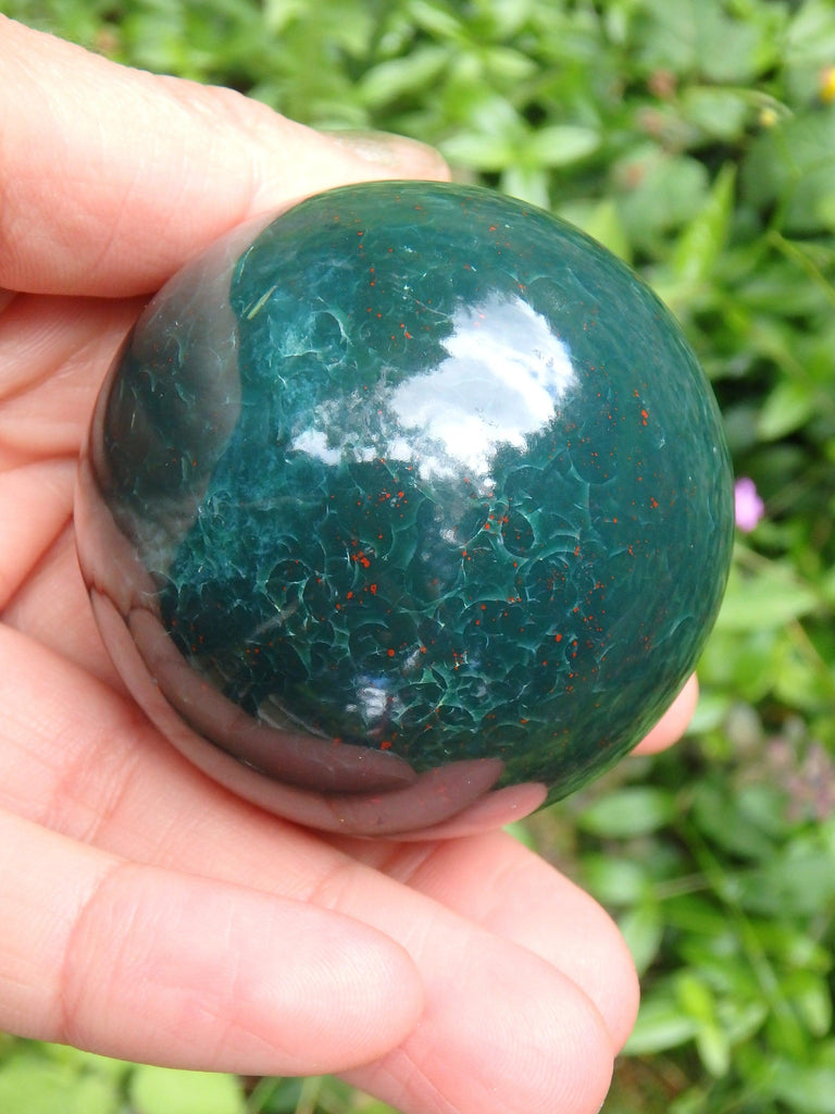 Shiny Deep Forest Green With Red Speckles Bloodstone Sphere Carving - Earth Family Crystals