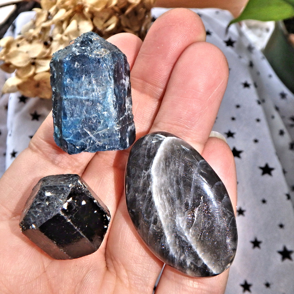 Healing Stone Set-Raw Blue Apatite Point, Dravite Brown Tourmaline Point & Black Moonstone Polished Stone - Earth Family Crystals