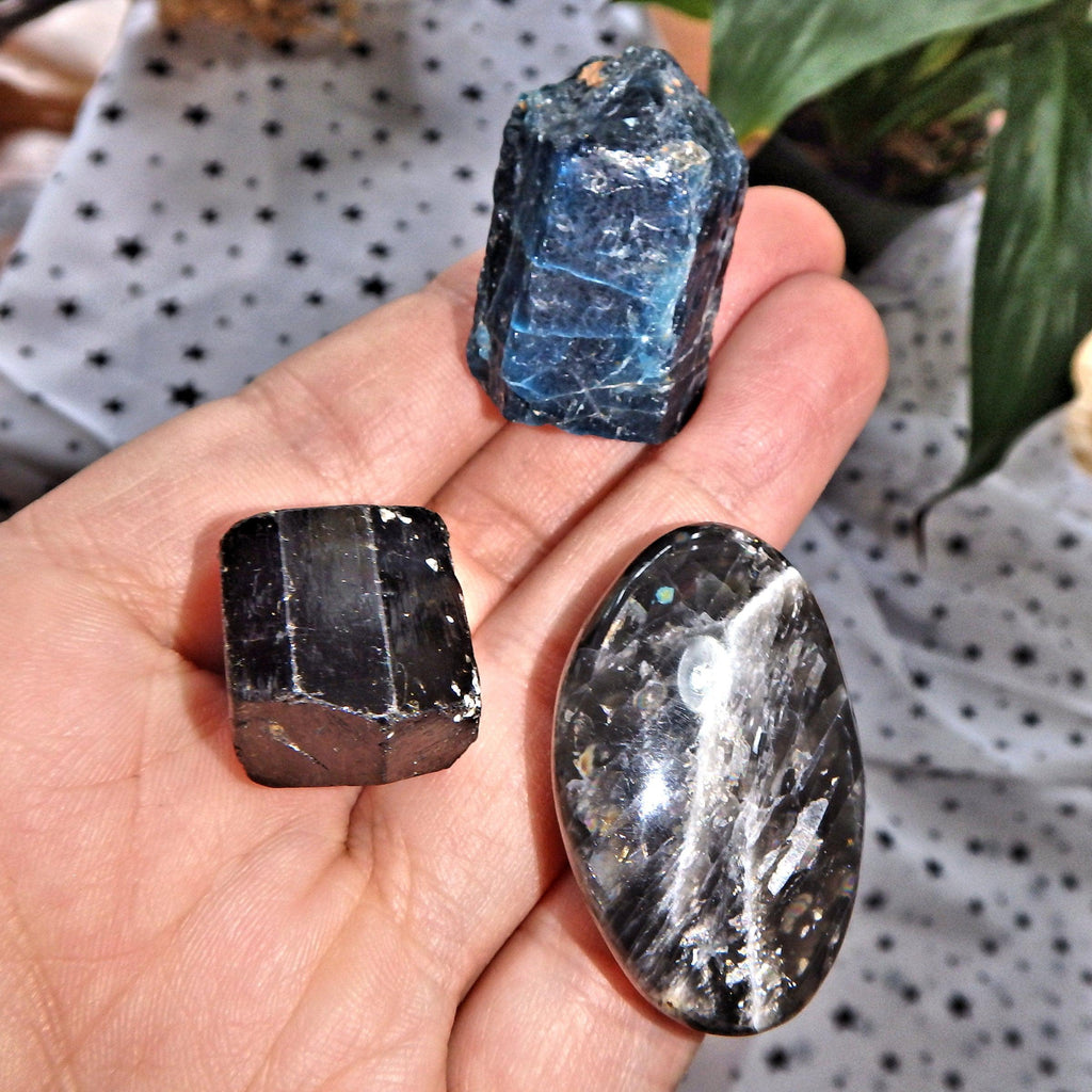Healing Stone Set-Raw Blue Apatite Point, Dravite Brown Tourmaline Point & Black Moonstone Polished Stone - Earth Family Crystals