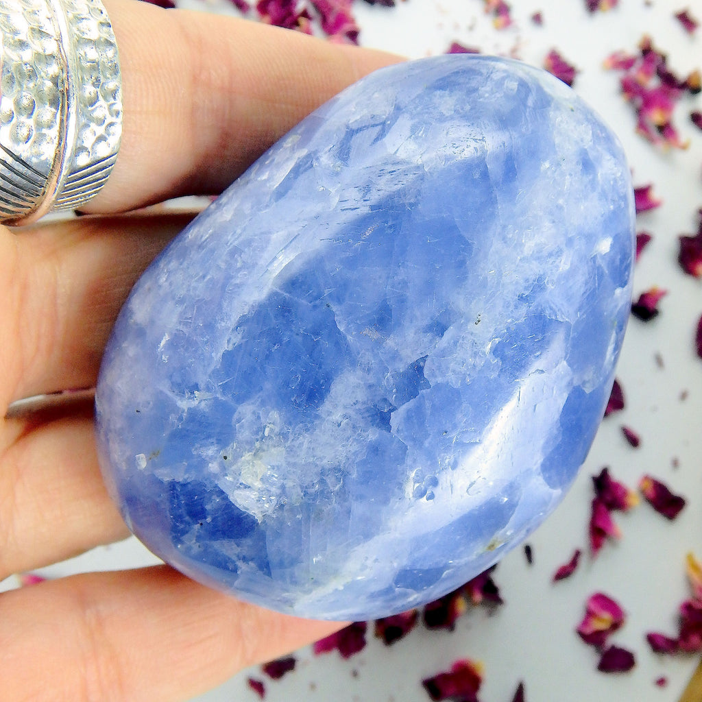 Deep Blue Calcite Palm Stone Carving from Madagascar #1 - Earth Family Crystals