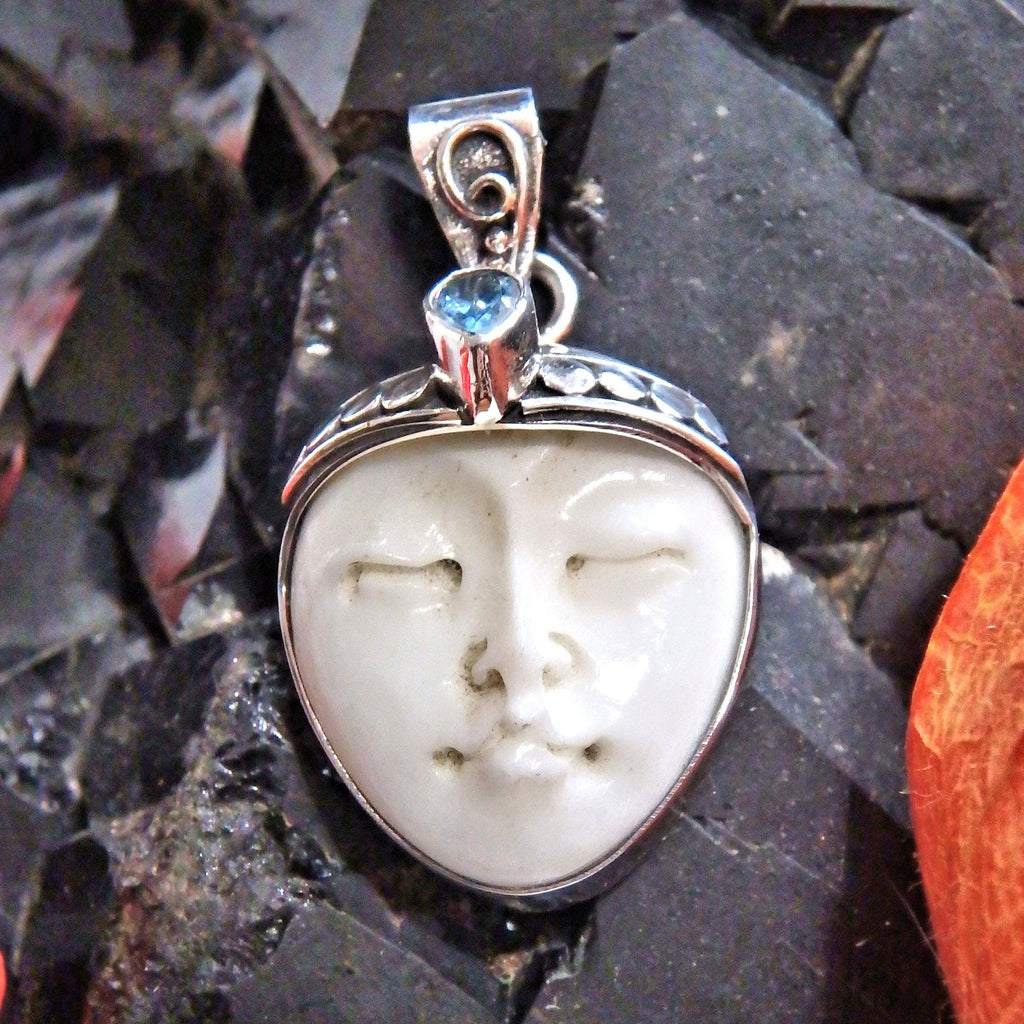 Faceted Blue Topaz & Sleeping Bone Face Pendant in Sterling Silver ( Includes Silver Chain) - Earth Family Crystals