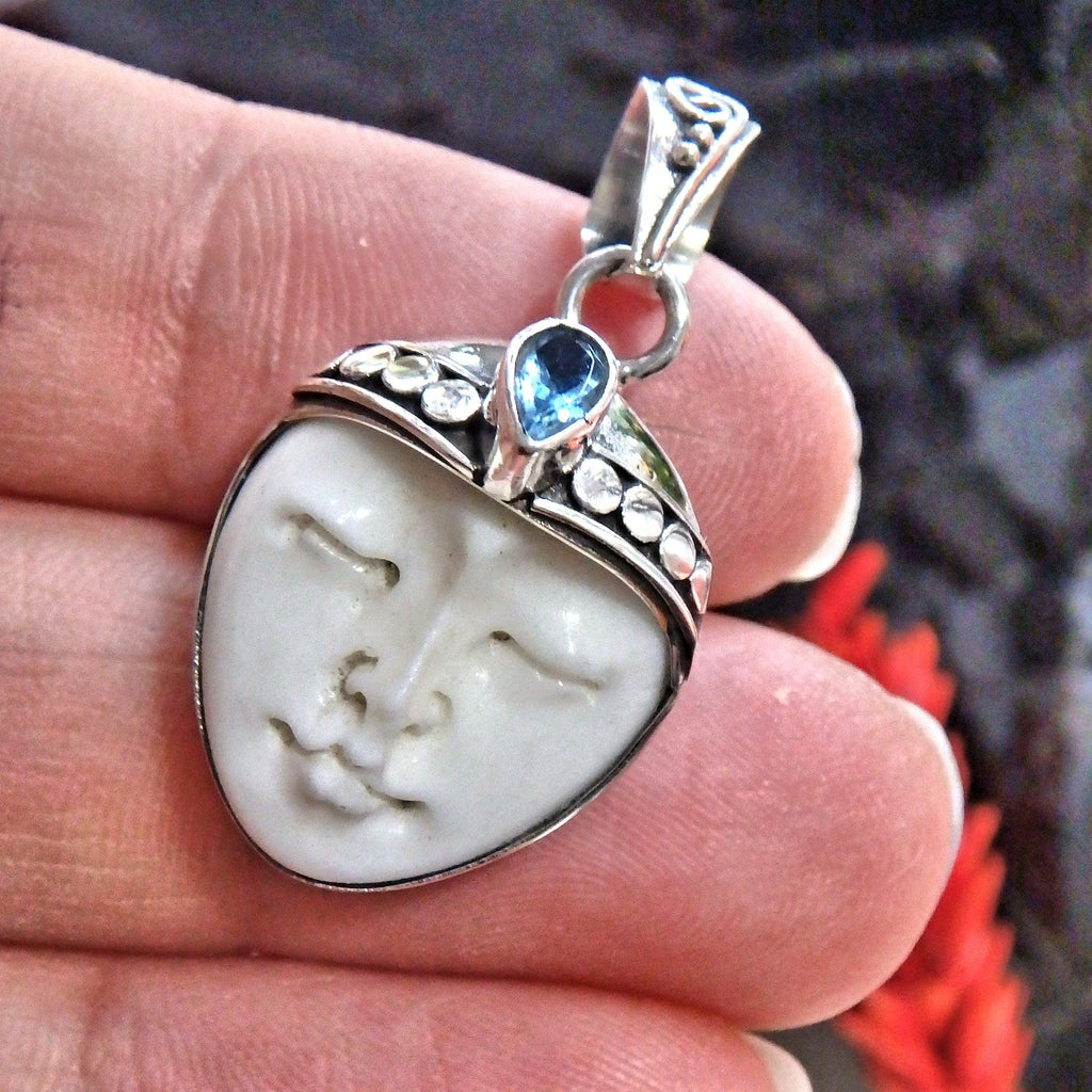 Faceted Blue Topaz & Sleeping Bone Face Pendant in Sterling Silver ( Includes Silver Chain) - Earth Family Crystals