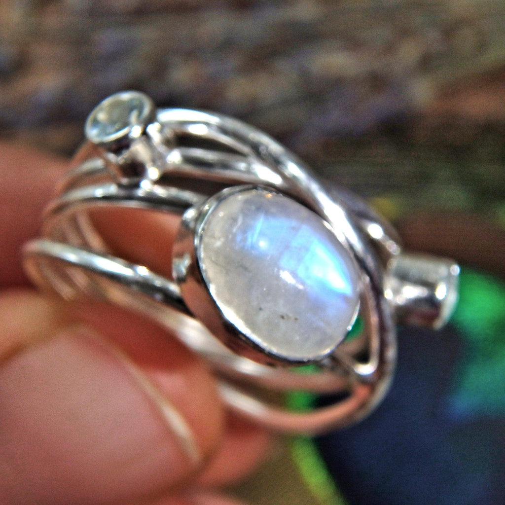 Pretty Faceted Blue Topaz & Rainbow Moonstone Sterling Silver Ring (Size 8) - Earth Family Crystals