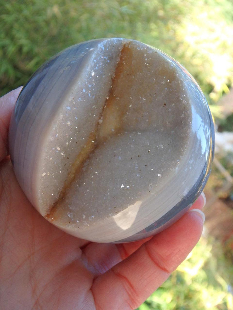 Gorgeous White Druzy Quartz Geode & Blue Agate Sphere Carving - Earth Family Crystals