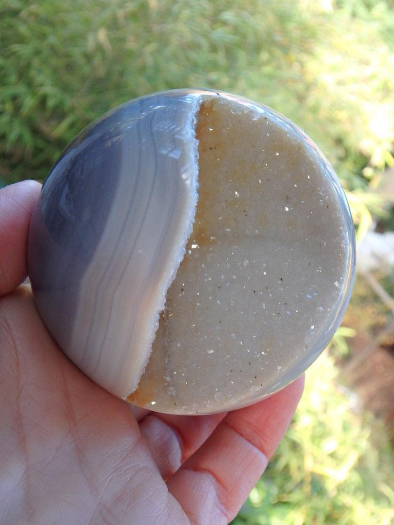 Gorgeous White Druzy Quartz Geode & Blue Agate Sphere Carving - Earth Family Crystals