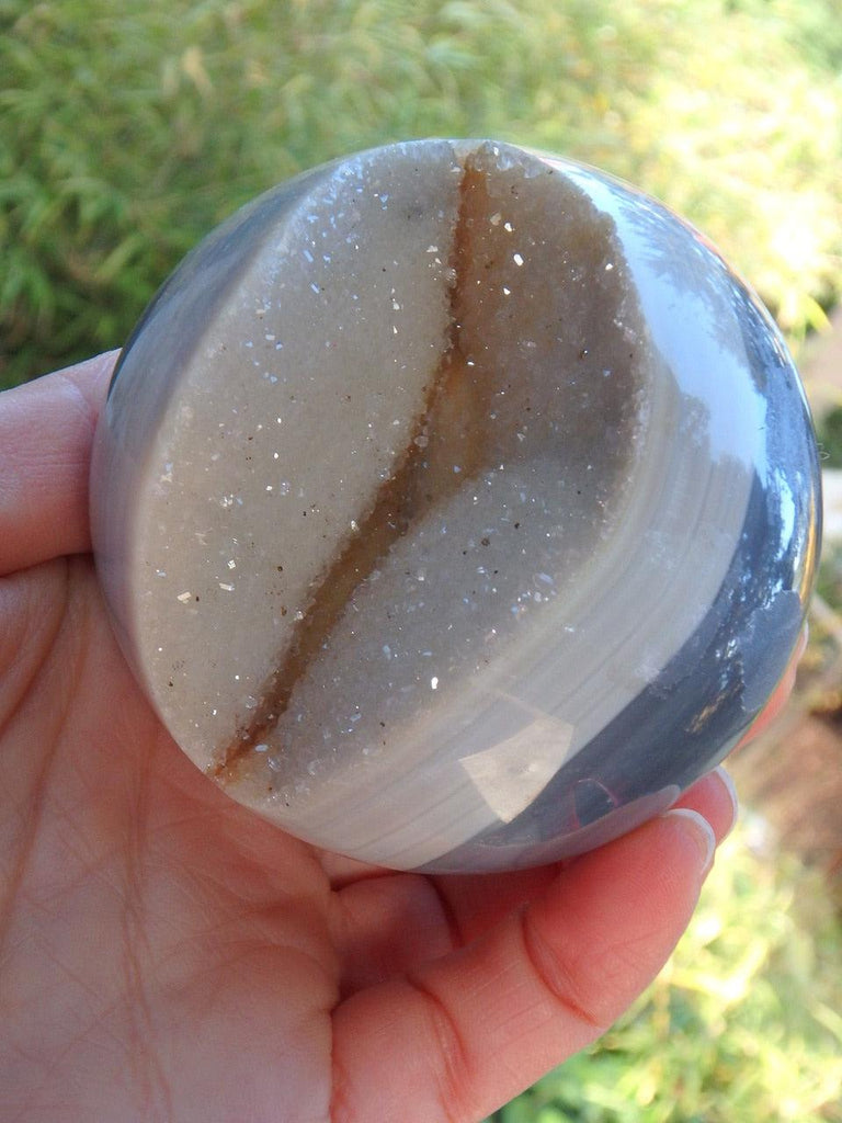 Gorgeous White Druzy Quartz Geode & Blue Agate Sphere Carving - Earth Family Crystals