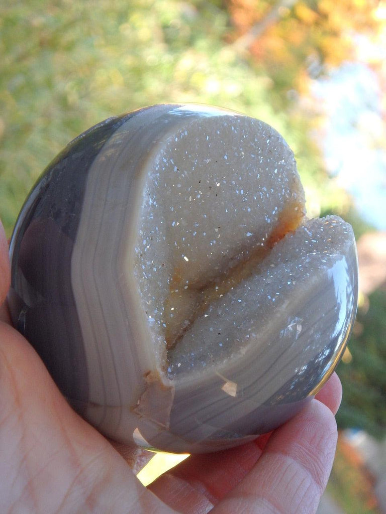 Gorgeous White Druzy Quartz Geode & Blue Agate Sphere Carving - Earth Family Crystals