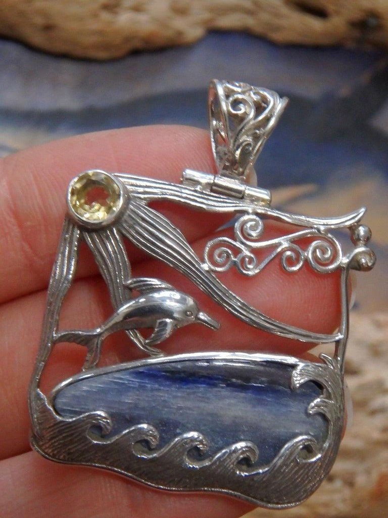 Underwater Adventure! Blue Kyanite Faceted Citrine Swimming Dolphin Pendant in Sterling Silver (Includes Silver Chain) - Earth Family Crystals
