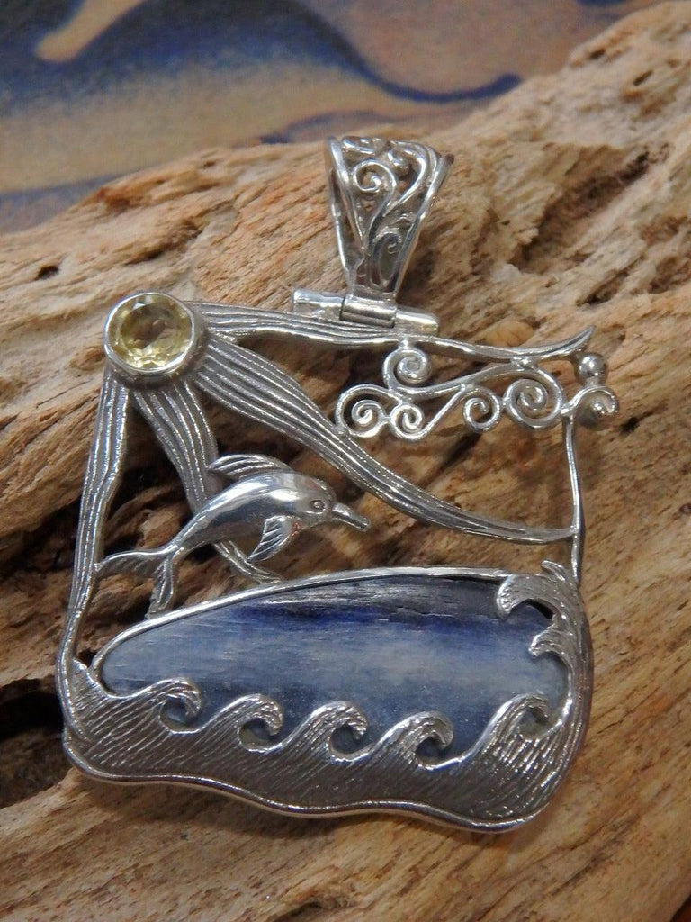 Underwater Adventure! Blue Kyanite Faceted Citrine Swimming Dolphin Pendant in Sterling Silver (Includes Silver Chain) - Earth Family Crystals