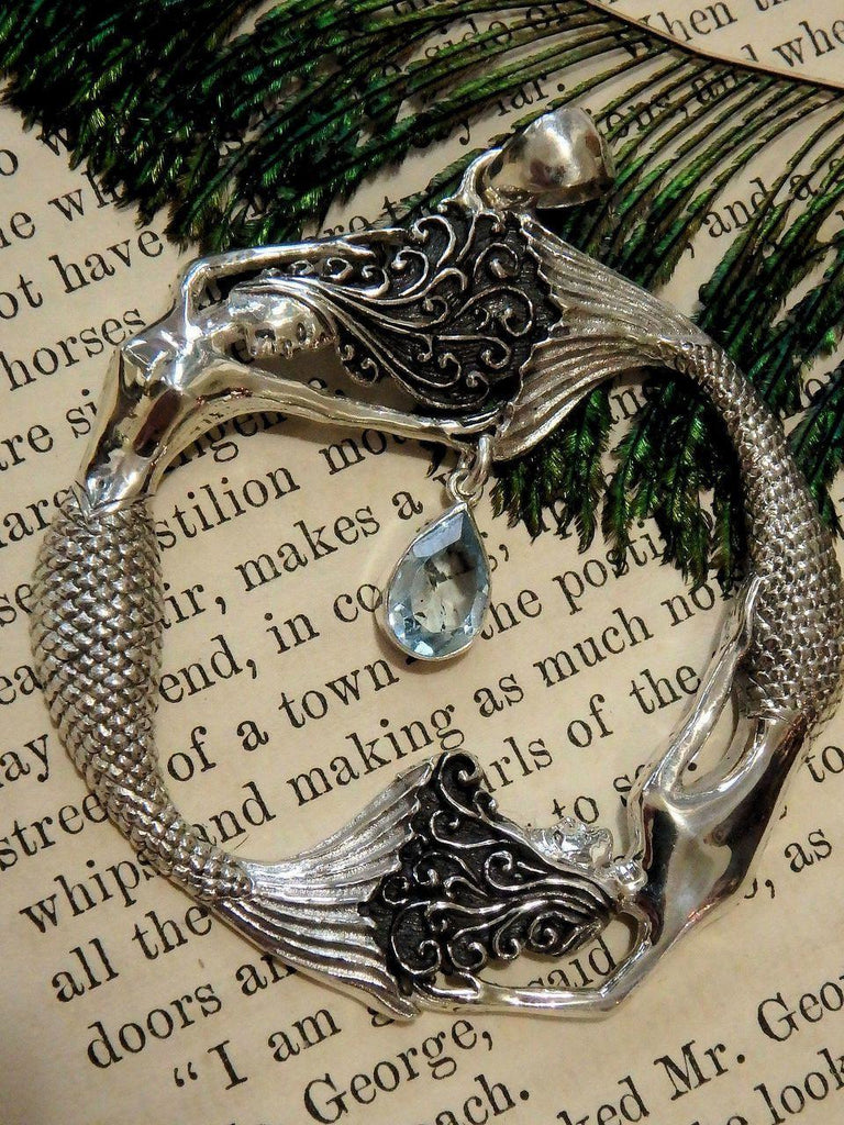 Dancing Mermaids & Faceted Blue Topaz Pendant in Sterling Silver (Includes Silver Chain) - Earth Family Crystals