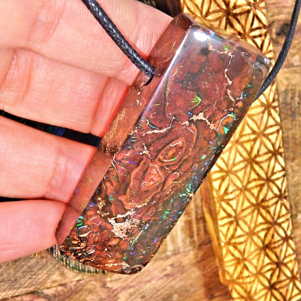 Large Chunky Boulder Opal With Intense Sparkling Flashes of Color Pendant on Adjustable Cotton Cord - Earth Family Crystals