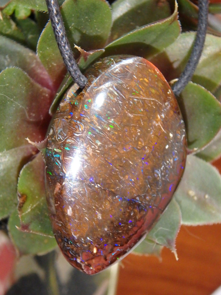 Intense Purple & Green Sparkle Flash Australian Boulder Opal on Adjustable Cotton Cord - Earth Family Crystals