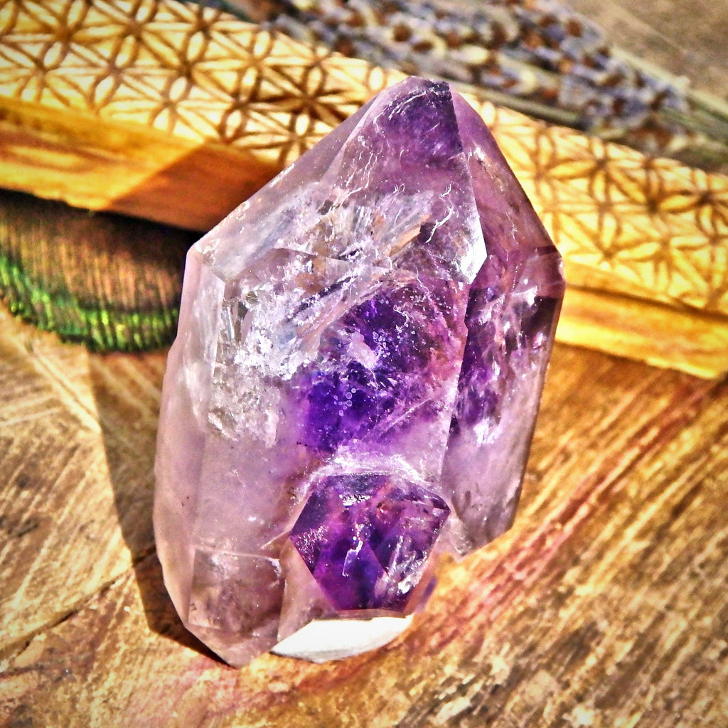 Moving Water Bubble ~Double Terminated Brandberg Amethyst With Phantom & Attached Baby - Earth Family Crystals