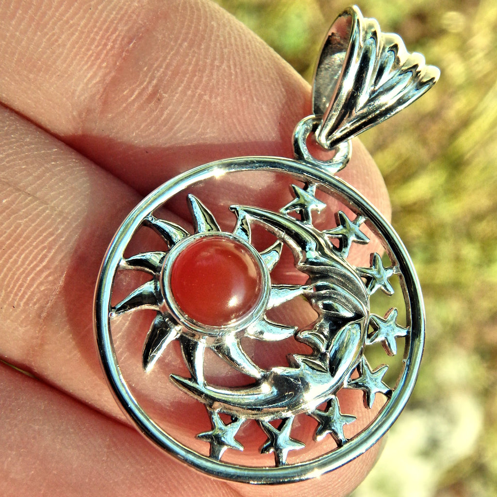 Crescent Moon Face Stars & Carnelian Sun  Pendant in Sterling Silver (Includes Silver Chain) - Earth Family Crystals