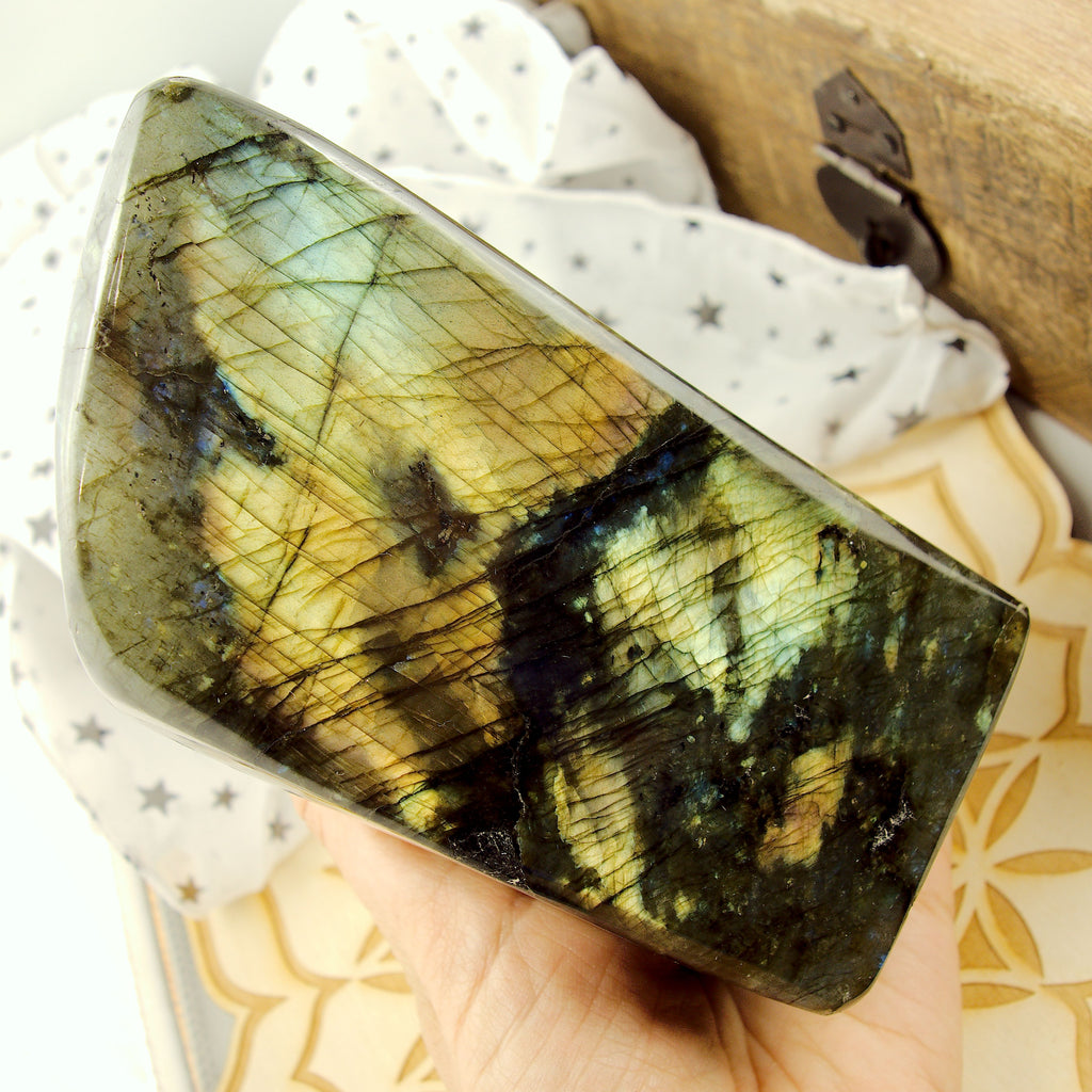 Flashy Sea Foam Green & Golden Flashes Large Labradorite Standing Display Specimen - Earth Family Crystals