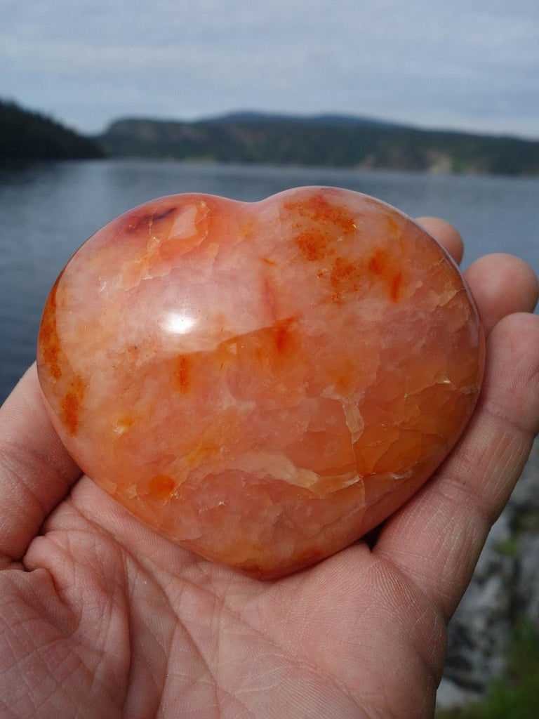 Vibrant Orange & Red Contrast Carnelian Puffy Heart Carving - Earth Family Crystals