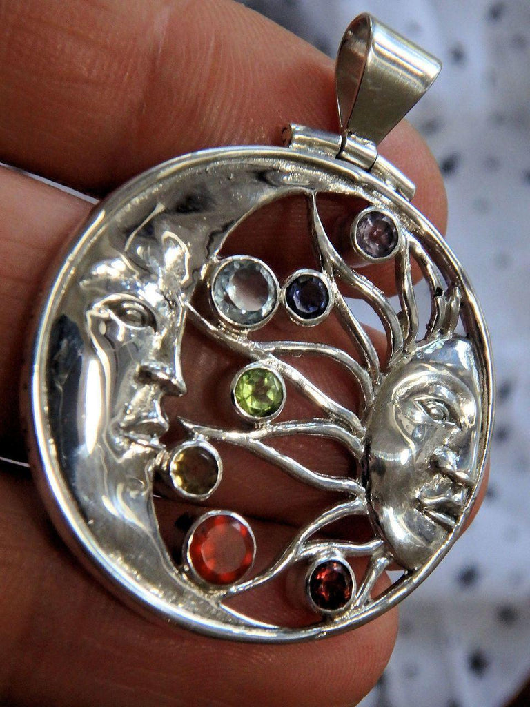 Amazing Moon & Sun 7 Faceted Stone Chakra Pendant in Sterling Silver (Includes Silver Chain) - Earth Family Crystals