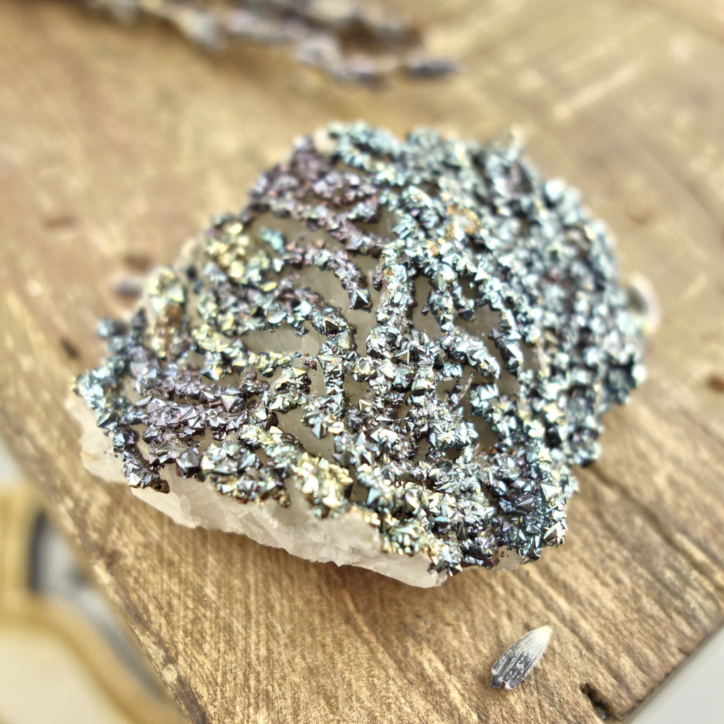 Shimmering Natural Chalcopyrite Specimen On Quartz Matrix 3 - Earth Family Crystals