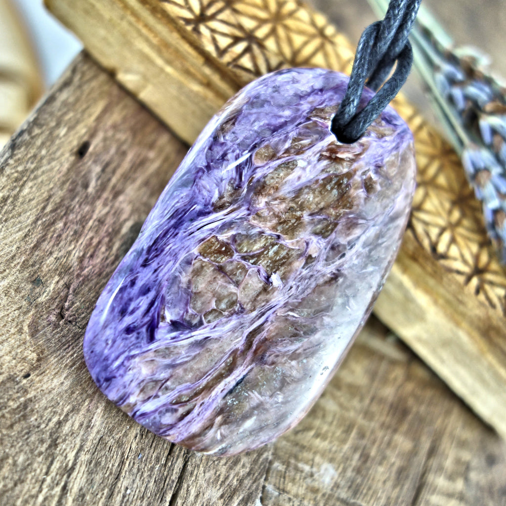 Chunky Silky Purple Charoite Pendant on Adjustable Cotton Cord 1 - Earth Family Crystals