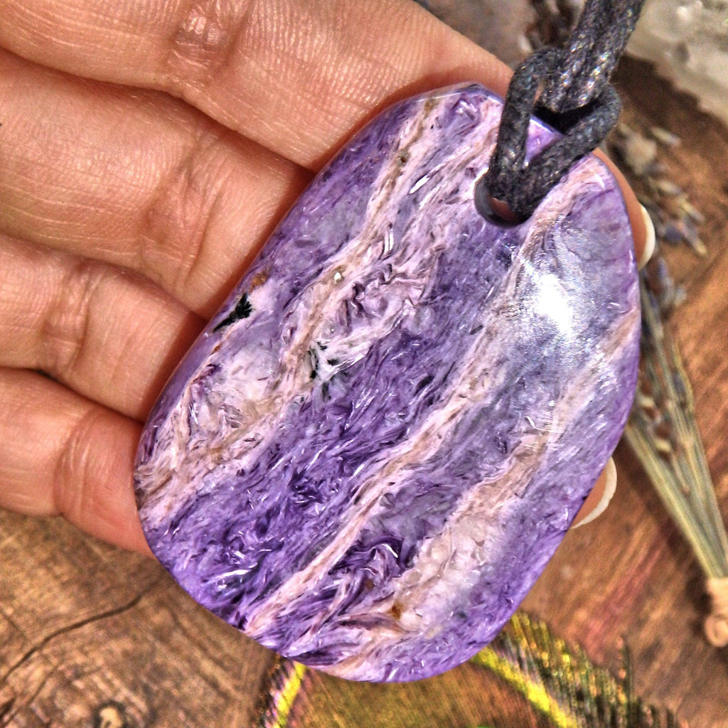 RESERVED For Kim.M-Purple Swirls Chunky Charoite Pendant on Adjustable Cotton Cord 3 - Earth Family Crystals