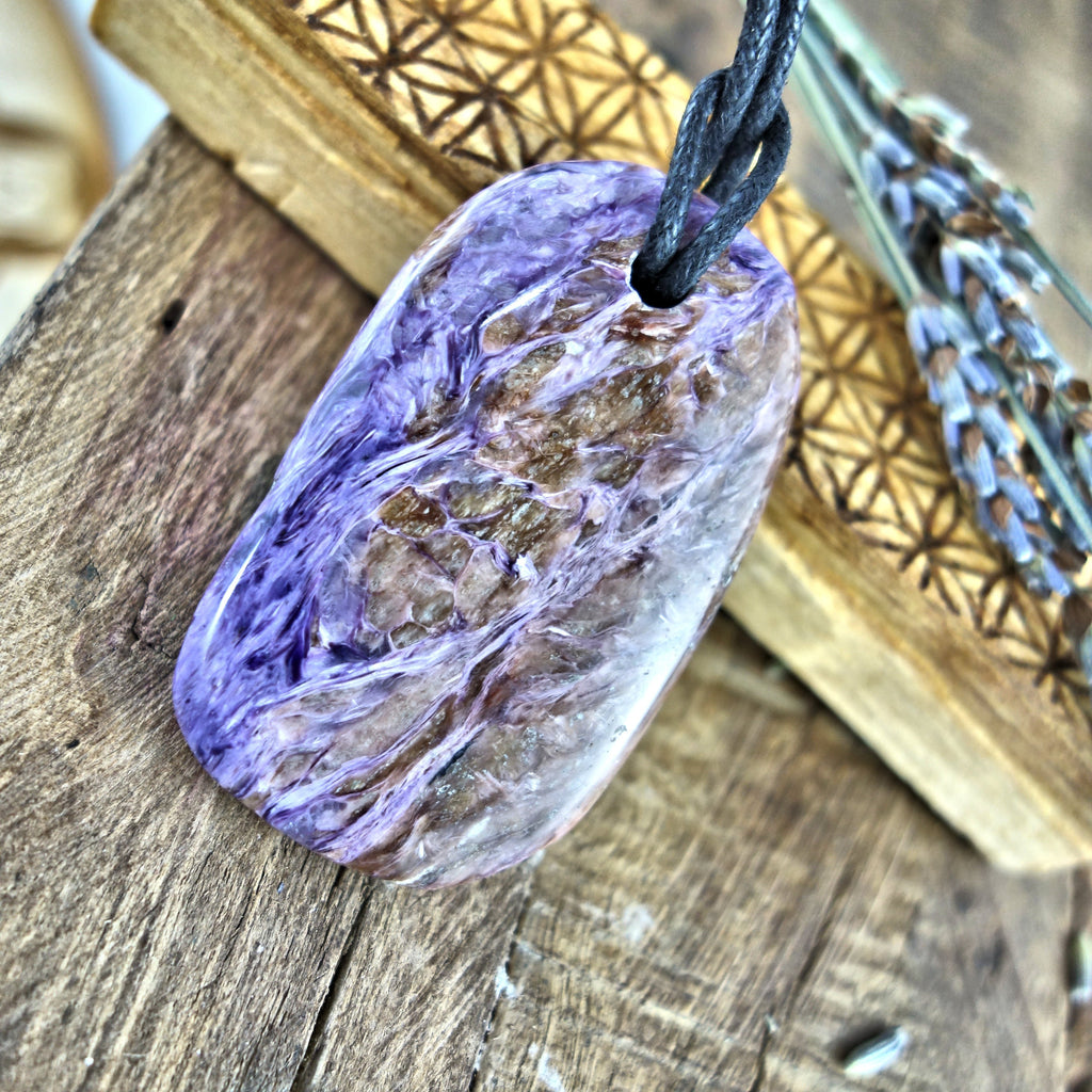 Chunky Silky Purple Charoite Pendant on Adjustable Cotton Cord 1 - Earth Family Crystals
