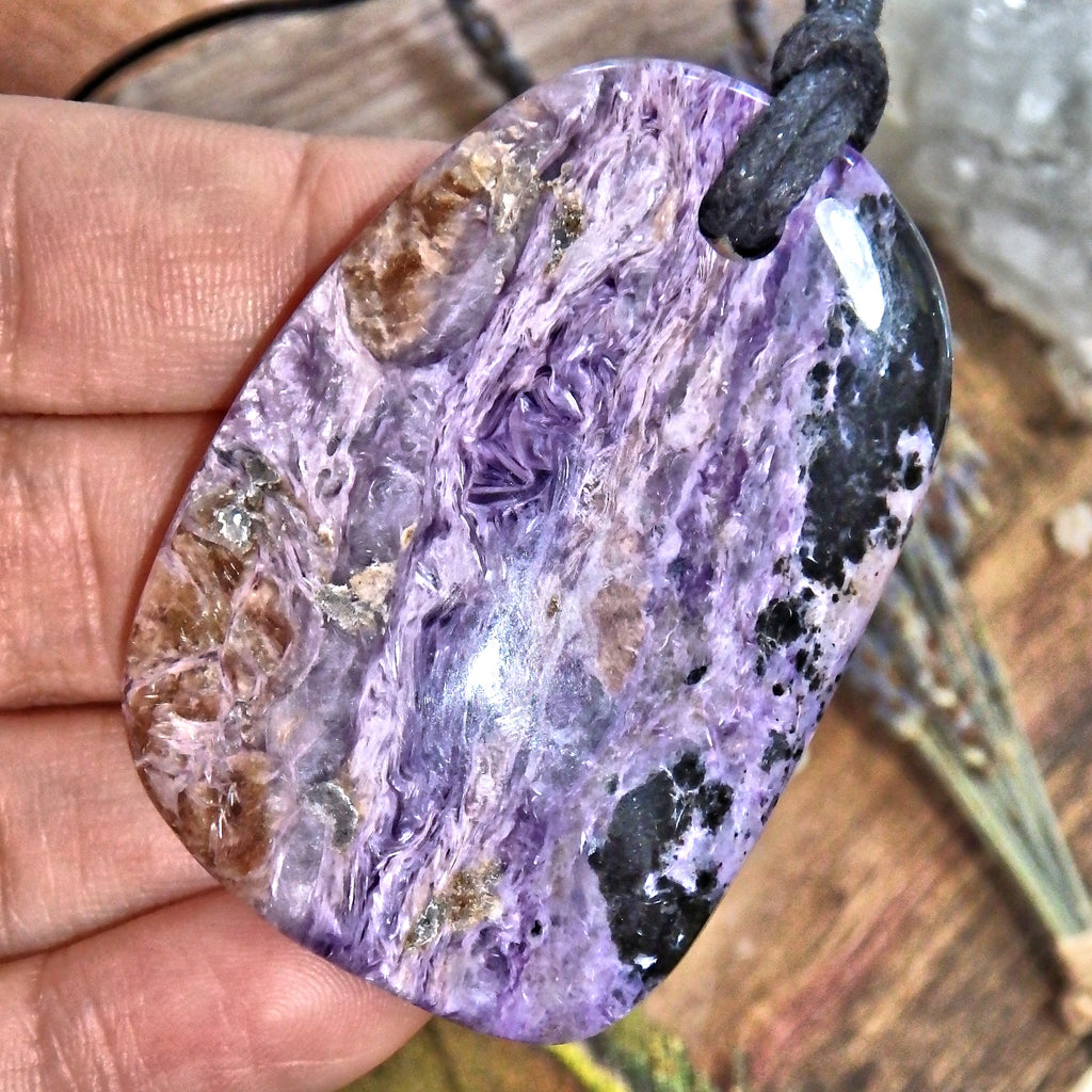 Purple Swirls Chunky Charoite Pendant on Adjustable Cotton Cord 1 - Earth Family Crystals